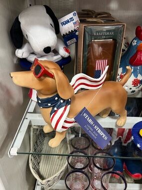 Patriotic Dachshund Doxie Statue with American Flag Scarf & Red Sunglasses